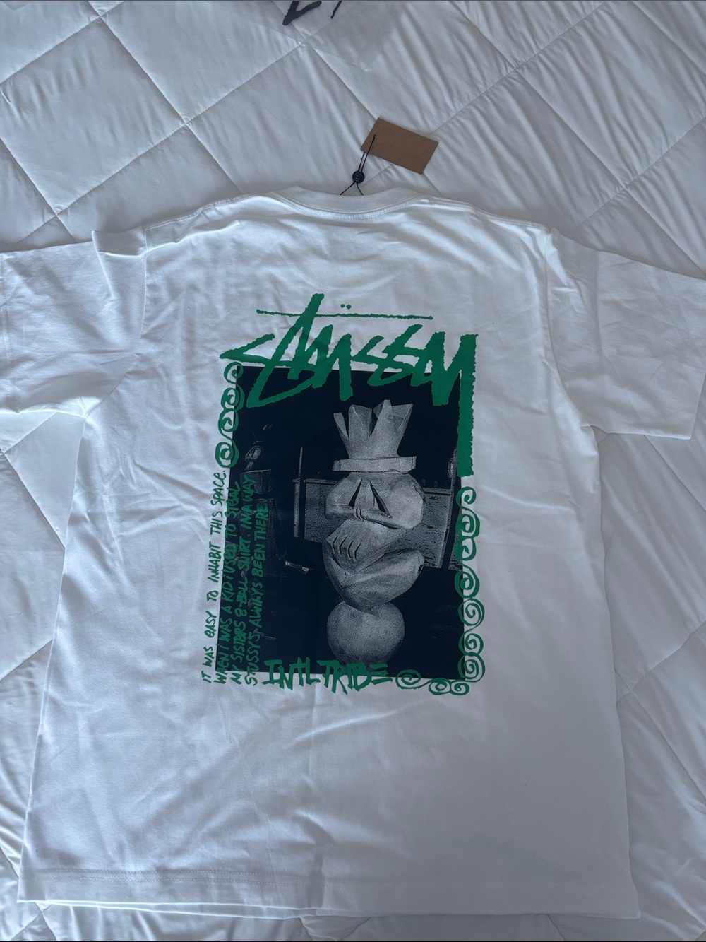 Stussy White Tee with Green and Black Back Graphic